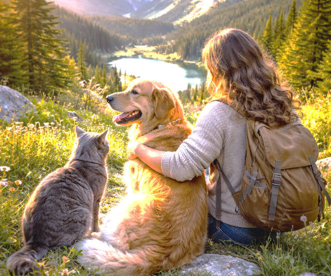 犬と猫と女性が共に大自然の中でくつろいでいる様子